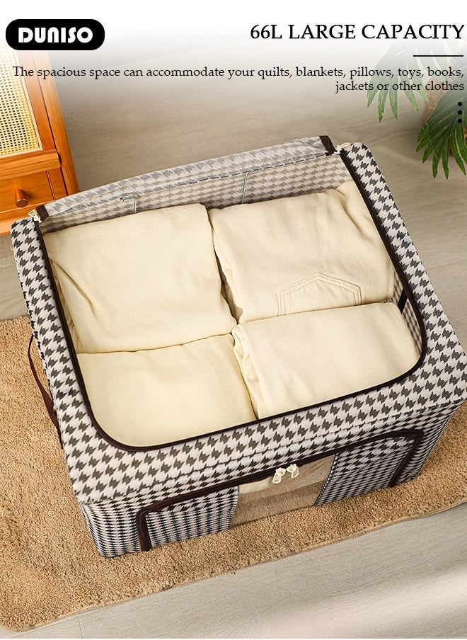 DUNISO - 2 Pack Closet Storage Box with Metal Frame, Stackable Flodable Closet Container Organizer with Lids Handle Double & Zippers, Large Capacity Wardrobe Clothes Storage Box with Clear Window for Blanket, Bedding, Clothes, Comforter - Image 1