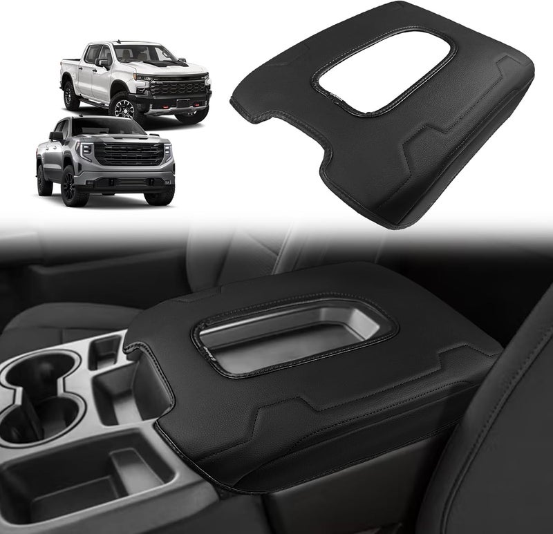 Muslogy غطاء مسند الذراع للكونسول الوسطي متوافق مع Chevy Silverado وGMC Sierra 2019-2025، وسادة مسند ذراع مريحة، واقي من الجلد النباتي، سمك عادي (لمقعد الكونسول المقسم فقط). - Image 1