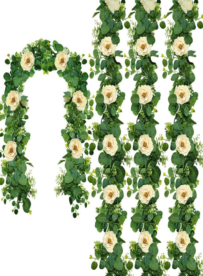 Autokcan 4 Packs 24FT Artificial Eucalyptus Flower Garland with White Camellias, Faux Greenery Garland Wedding Decor Fake Flower Rose Hanging Vine for Home Yard Table Party Decor - Image 1