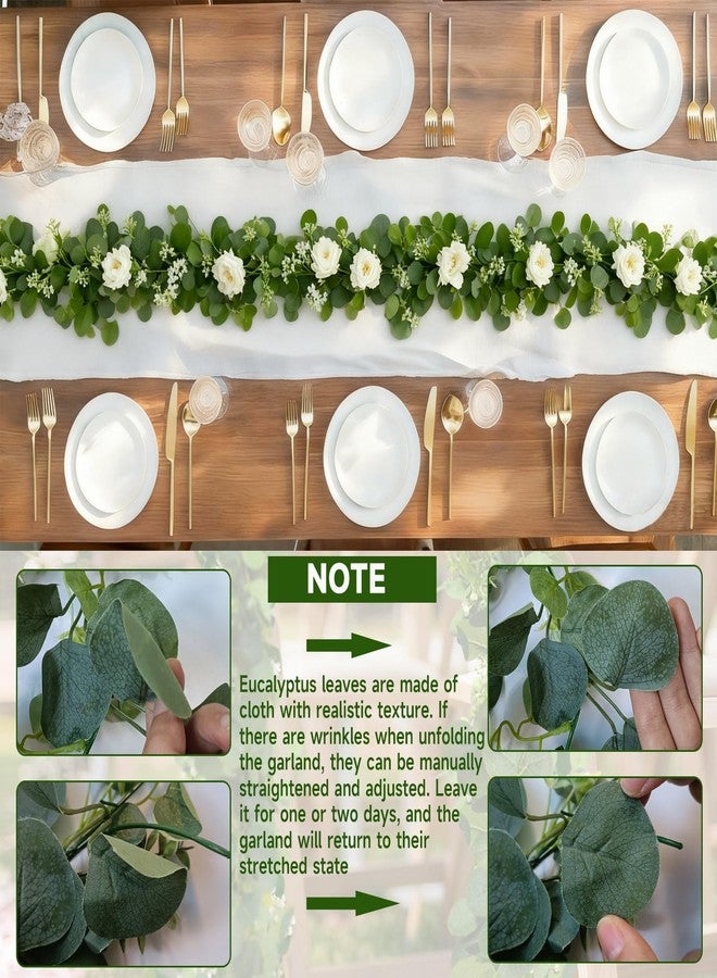 Autokcan 4 Packs 24FT Artificial Eucalyptus Flower Garland with White Camellias, Faux Greenery Garland Wedding Decor Fake Flower Rose Hanging Vine for Home Yard Table Party Decor - Image 3