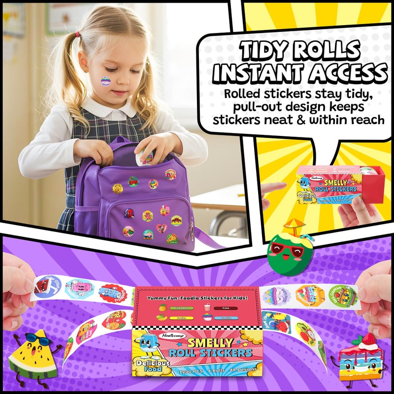 HORIECHALY Smelly Roll Stickers for Kids 4 Rolls, 1200 PCS 4 Scent Scratch and Sniff Stickers Food Theme, Positive Reward for Classroom, Portable Drawer Box for Travel, Car, Airplane - Image 3