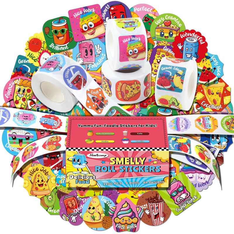 HORIECHALY Smelly Roll Stickers for Kids 4 Rolls, 1200 PCS 4 Scent Scratch and Sniff Stickers Food Theme, Positive Reward for Classroom, Portable Drawer Box for Travel, Car, Airplane - Image 1