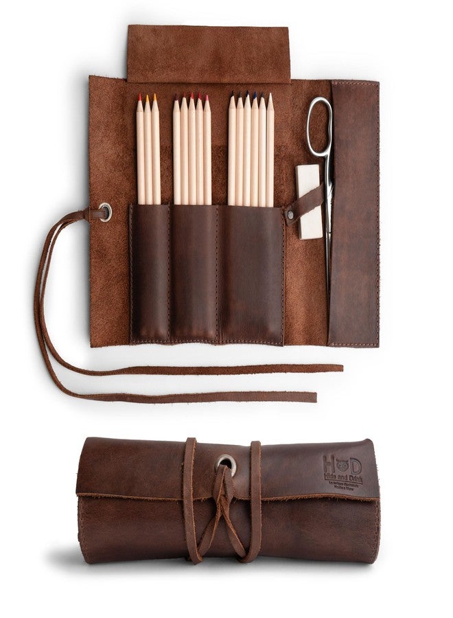 Hide & Drink, Rustic Leather Pencil Roll Pouch, Multi-Purpose Storage Wrap for Scissors, Earphones, Organizer for Craft, Work, Handmade (Bourbon Brown) - Image 1
