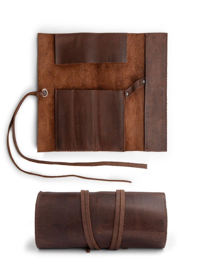 Hide & Drink, Rustic Leather Pencil Roll Pouch, Multi-Purpose Storage Wrap for Scissors, Earphones, Organizer for Craft, Work, Handmade (Bourbon Brown) - Image 2