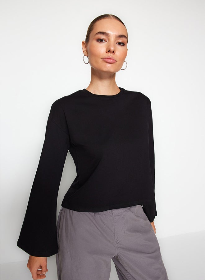 trendyol Black Premium Spanish Sleeve Crew Neck Regular/Normal Fit Knitted T-Shirt - Image 2