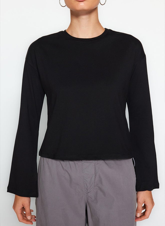 trendyol Black Premium Spanish Sleeve Crew Neck Regular/Normal Fit Knitted T-Shirt - Image 4