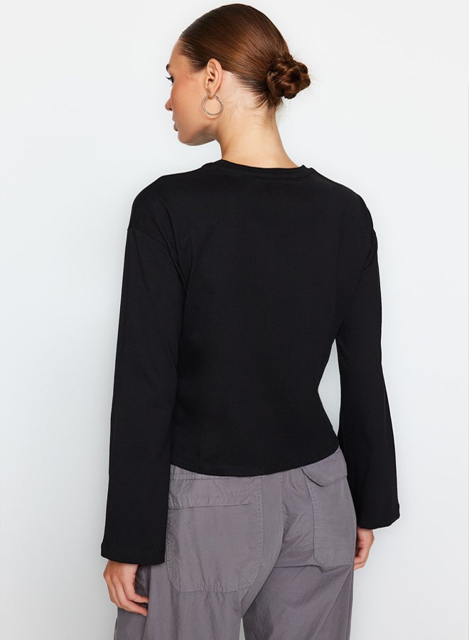 trendyol Black Premium Spanish Sleeve Crew Neck Regular/Normal Fit Knitted T-Shirt - Image 5