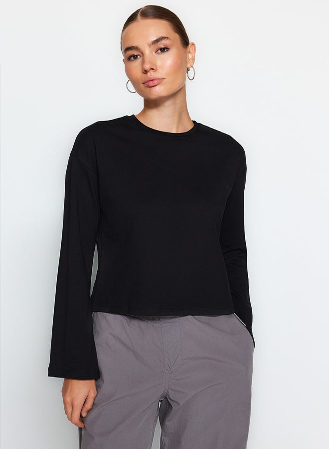 trendyol Black Premium Spanish Sleeve Crew Neck Regular/Normal Fit Knitted T-Shirt - Image 1