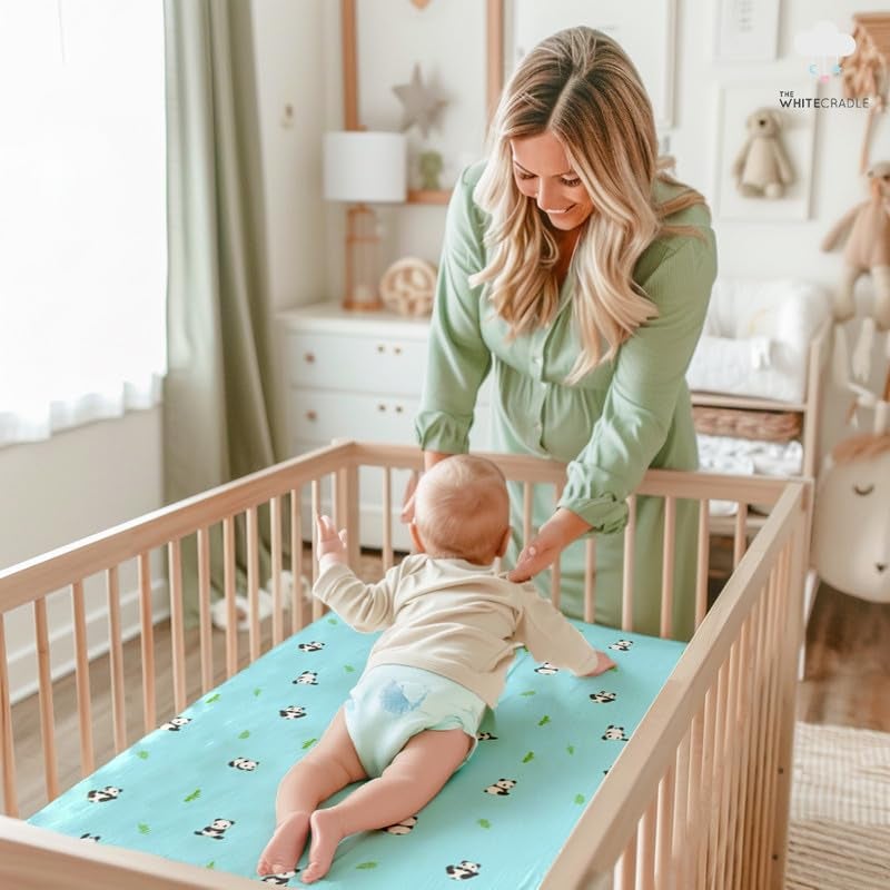 The White Cradle Cotton Baby Crib Fitted Bed Sheets for Cot Organic Twill Fabric Baby Bedding for New Born Infants Toddlers 38x24 Pack of 1 The White Cradle Blue Panda - Image 4