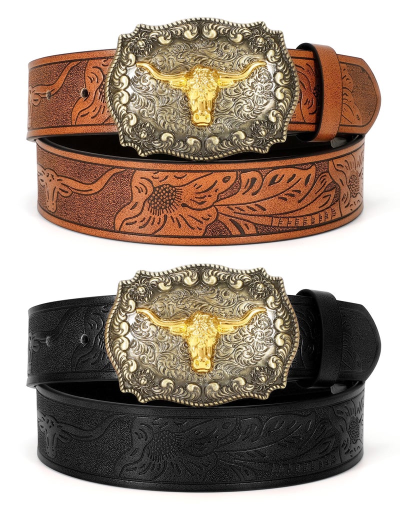 WOWOGO 2 Pack Western Cowboy Belts for Men Women Cowgirl Country Floral Engraved Pu Leather Belt with Longhorn Bull Buckle - Image 1