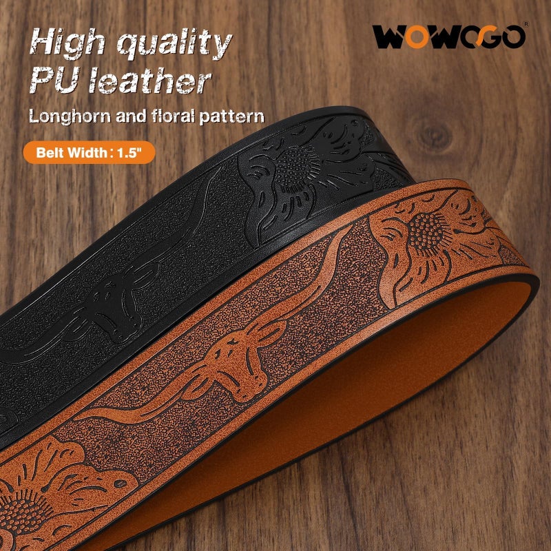 WOWOGO 2 Pack Western Cowboy Belts for Men Women Cowgirl Country Floral Engraved Pu Leather Belt with Longhorn Bull Buckle - Image 5