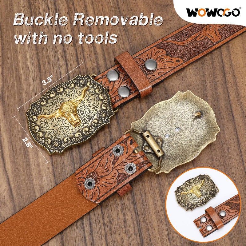 WOWOGO 2 Pack Western Cowboy Belts for Men Women Cowgirl Country Floral Engraved Pu Leather Belt with Longhorn Bull Buckle - Image 4