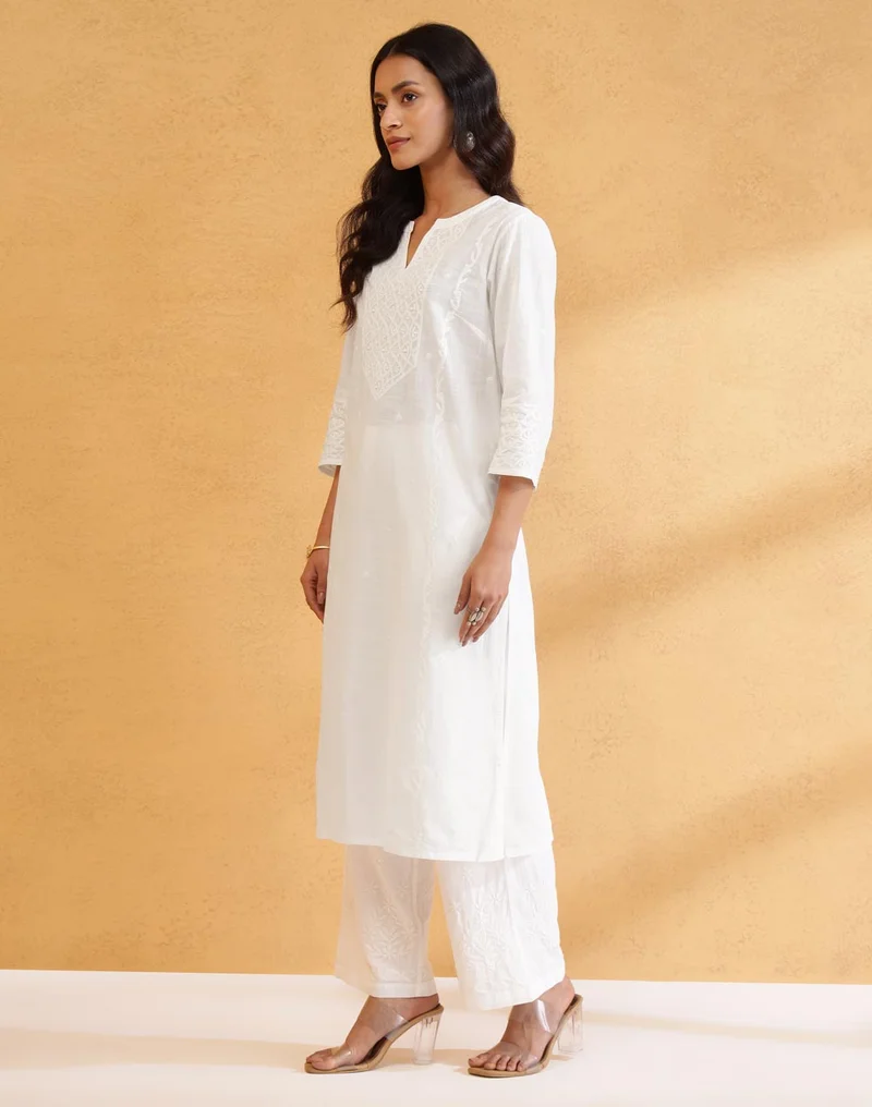 Fabindia Offwhite Cotton Chikankari Long Kurta