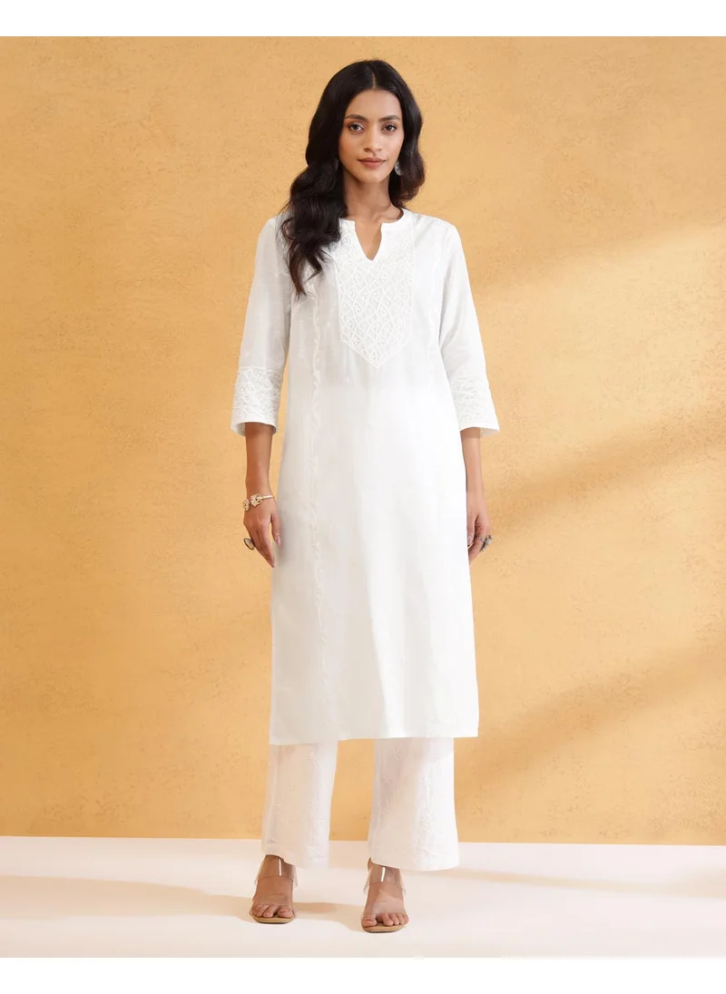 فاب انديا Offwhite Cotton Chikankari Long Kurta