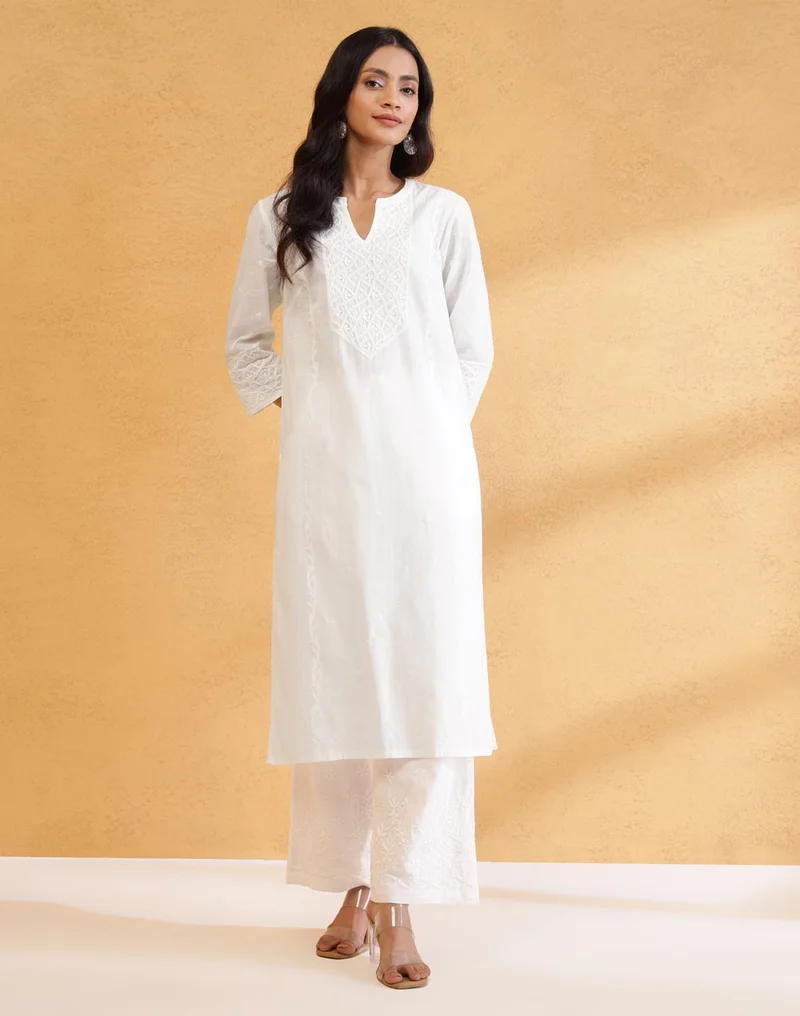 Fabindia Offwhite Cotton Chikankari Long Kurta