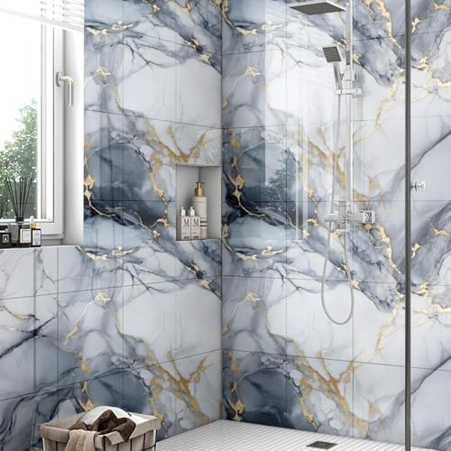Chejiaye Thick 10pcs Marble Peel and Stick Backsplash Surface Waterproof Wall Panels,Self-Adhesive Marble PVC Foam Wall Panels for Kitchen, Bathroom - 11.8"x11.8" Kitchen Tile(Not Real Tiles,Blue) - Image 2