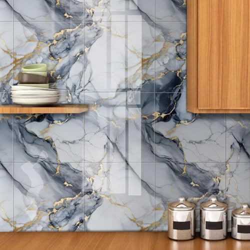 Chejiaye Thick 10pcs Marble Peel and Stick Backsplash Surface Waterproof Wall Panels,Self-Adhesive Marble PVC Foam Wall Panels for Kitchen, Bathroom - 11.8"x11.8" Kitchen Tile(Not Real Tiles,Blue) - Image 3