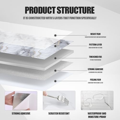 Chejiaye Thick 10pcs Marble Peel and Stick Backsplash Surface Waterproof Wall Panels,Self-Adhesive Marble PVC Foam Wall Panels for Kitchen, Bathroom - 11.8"x11.8" Kitchen Tile(Not Real Tiles,Blue) - Image 5