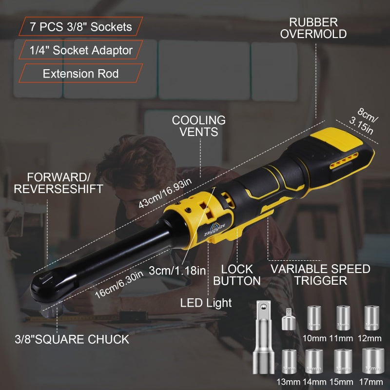 zaygyize 3/8" Extended Cordless Ratchet Wrench for Dewalt 20V Series Batteries, 600 RPM, 100 N.m Electric Power Ratchet Set with 8 Metric Sleeves,Built-in LED Light, Extended 6-inch Long Neck - Image 3