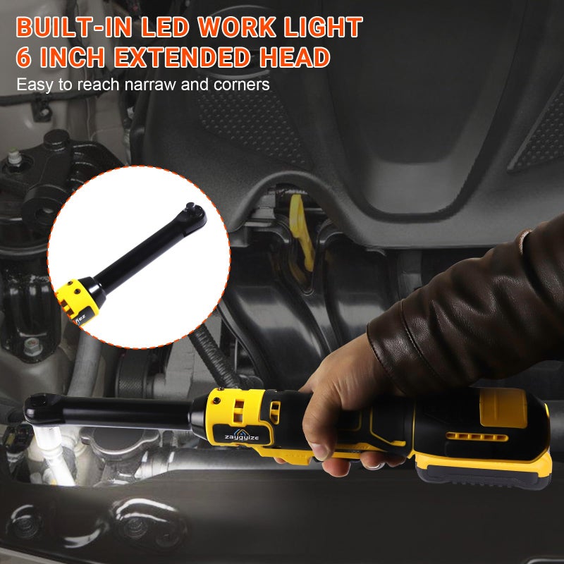zaygyize 3/8" Extended Cordless Ratchet Wrench for Dewalt 20V Series Batteries, 600 RPM, 100 N.m Electric Power Ratchet Set with 8 Metric Sleeves,Built-in LED Light, Extended 6-inch Long Neck - Image 4