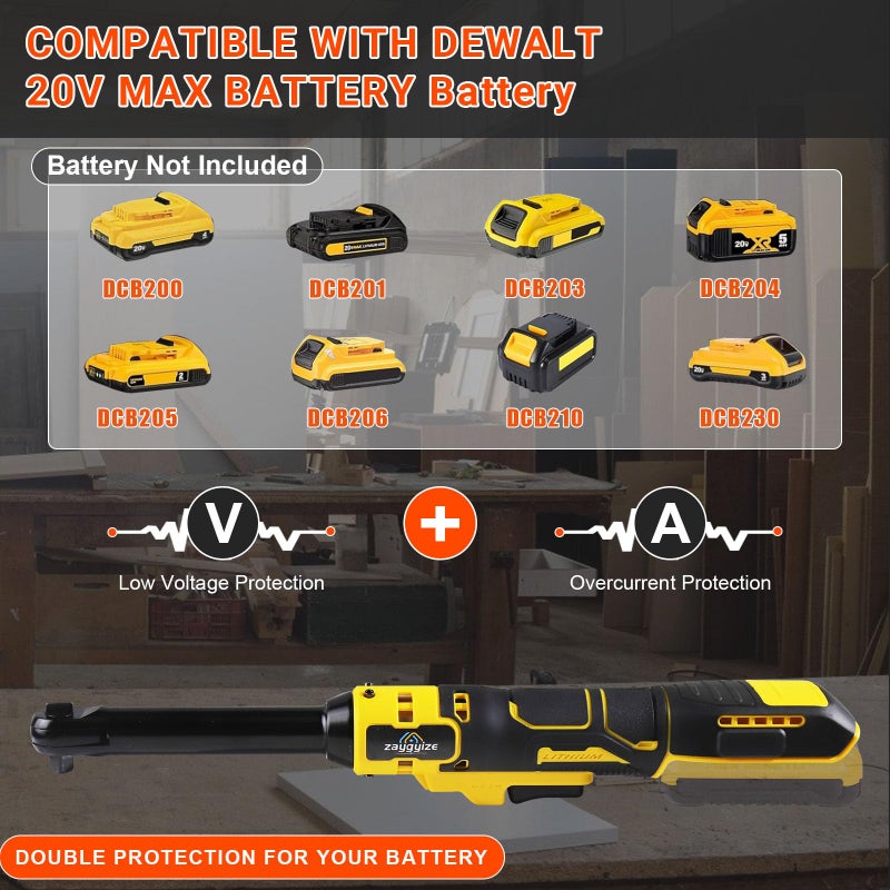 zaygyize 3/8" Extended Cordless Ratchet Wrench for Dewalt 20V Series Batteries, 600 RPM, 100 N.m Electric Power Ratchet Set with 8 Metric Sleeves,Built-in LED Light, Extended 6-inch Long Neck - Image 2