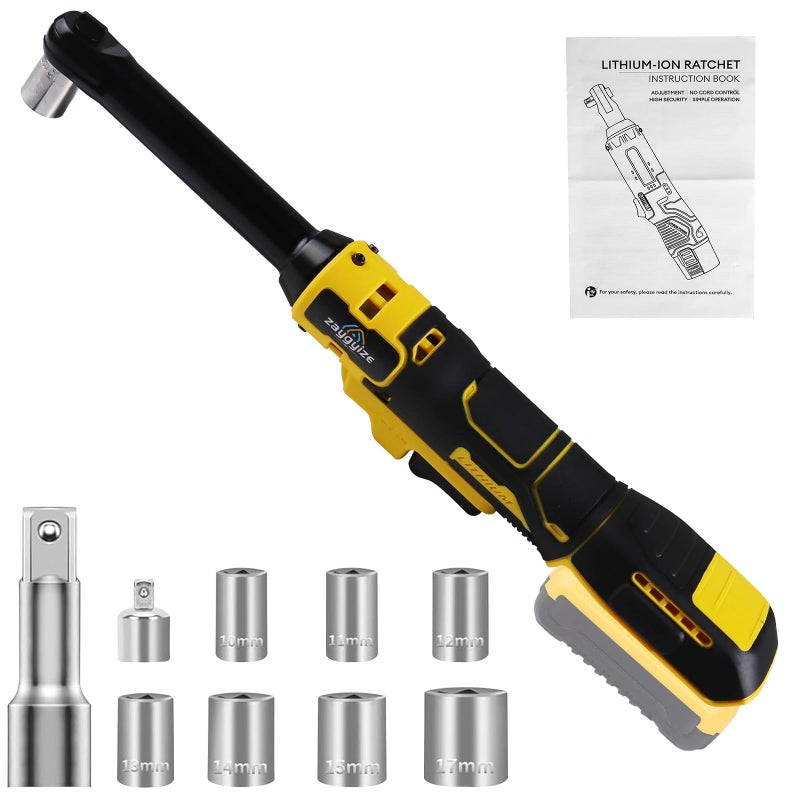 zaygyize 3/8" Extended Cordless Ratchet Wrench for Dewalt 20V Series Batteries, 600 RPM, 100 N.m Electric Power Ratchet Set with 8 Metric Sleeves,Built-in LED Light, Extended 6-inch Long Neck - Image 1