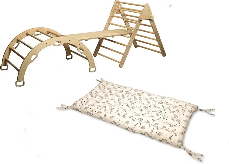 Kidoppo Pikler Climbing Set and Pillow | Montessori Set of 3 | Arch + Triangle + Stair Ramp + Origami Pattern Pillow