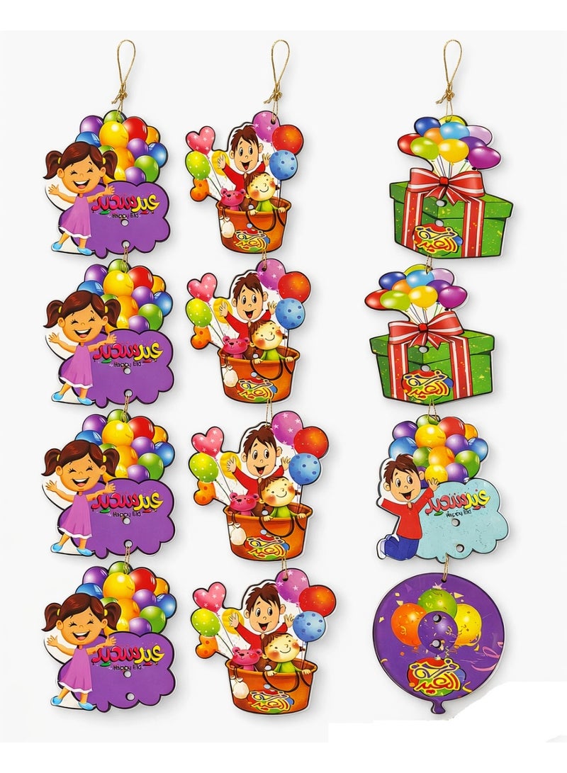 12-Piece Wooden Eid Favor Set – Stunning wooden cards and money holders with cartoon designs to celebrate Eid and enhance your festive spirit with a gold cord – Cheerful cartoon shapes – The perfect gift for Eid al-Fitr and Eid al-Adha - Image 2