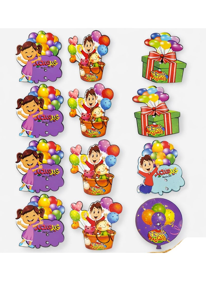 12-Piece Wooden Eid Favor Set – Stunning wooden cards and money holders with cartoon designs to celebrate Eid and enhance your festive spirit with a gold cord – Cheerful cartoon shapes – The perfect gift for Eid al-Fitr and Eid al-Adha - Image 1
