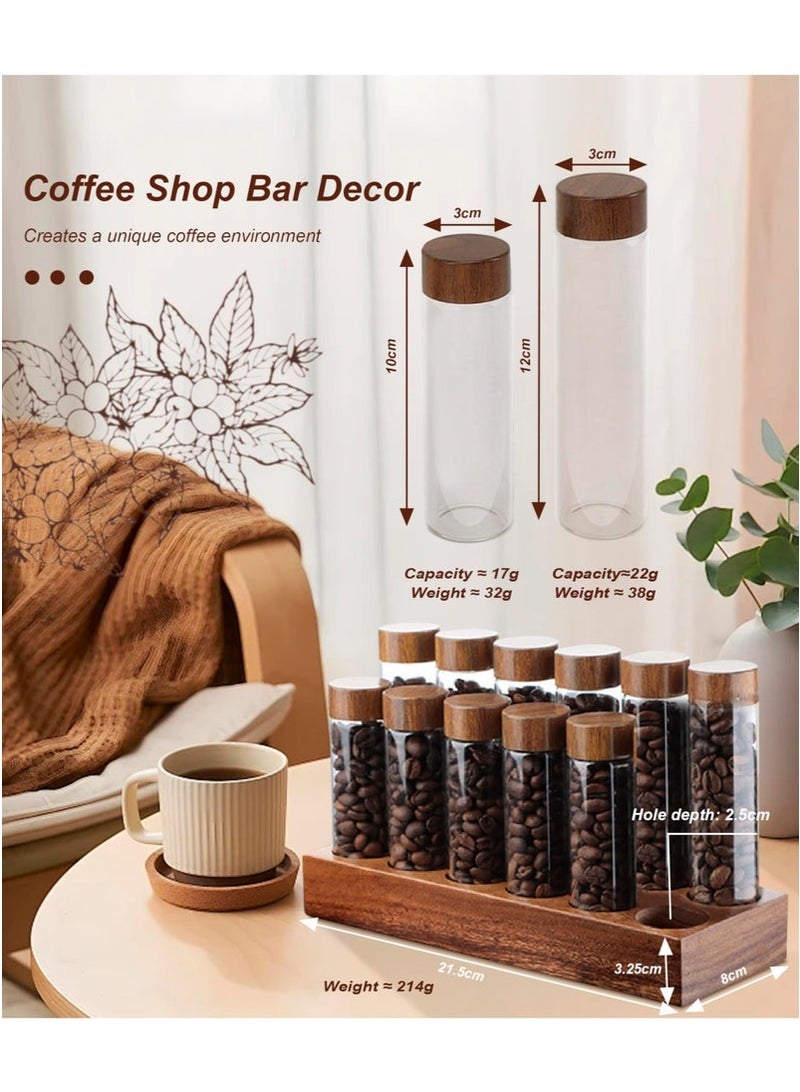 ميون 12 قطعة من أنابيب تخزين حبوب البن، قوارير زجاجية بقاعدة من خشب الجوز الصلب مع أغطية وقمع، أقبية زجاجية لحبوب البن مع حامل خشبي لتخزين حبوب البن - Image 4