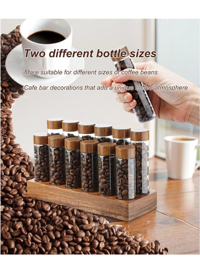ميون 12 قطعة من أنابيب تخزين حبوب البن، قوارير زجاجية بقاعدة من خشب الجوز الصلب مع أغطية وقمع، أقبية زجاجية لحبوب البن مع حامل خشبي لتخزين حبوب البن - Image 3