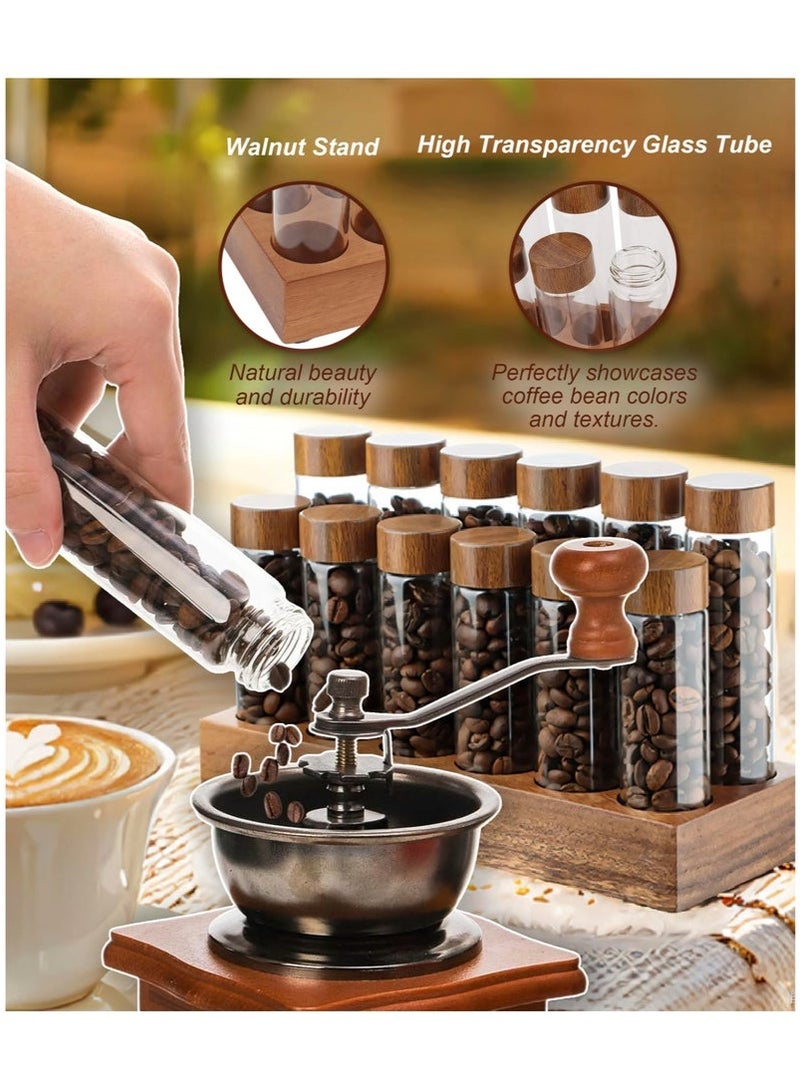 ميون 12 قطعة من أنابيب تخزين حبوب البن، قوارير زجاجية بقاعدة من خشب الجوز الصلب مع أغطية وقمع، أقبية زجاجية لحبوب البن مع حامل خشبي لتخزين حبوب البن - Image 5