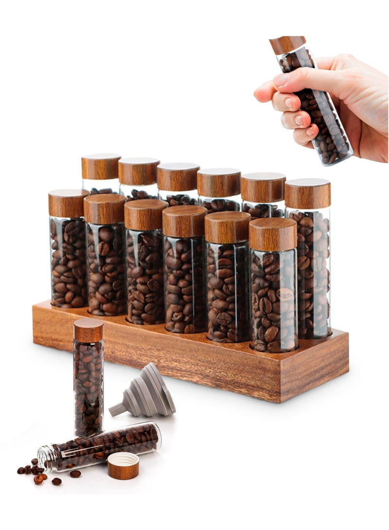 ميون 12 قطعة من أنابيب تخزين حبوب البن، قوارير زجاجية بقاعدة من خشب الجوز الصلب مع أغطية وقمع، أقبية زجاجية لحبوب البن مع حامل خشبي لتخزين حبوب البن - Image 1