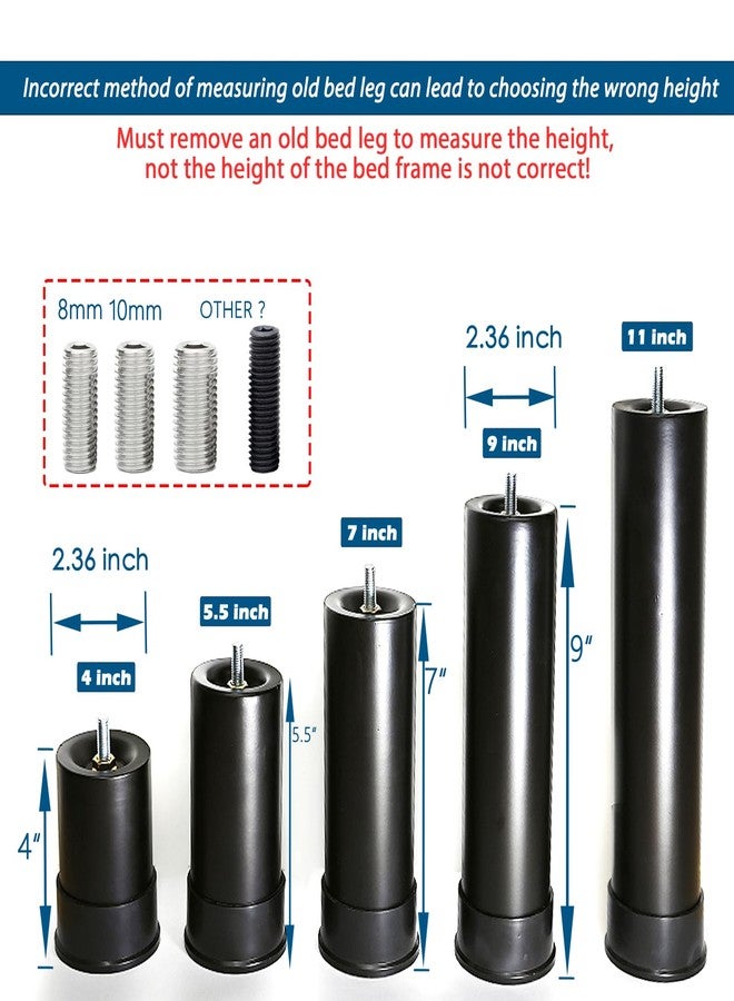 Benbuoo 4 Inch Metal Adjustable Bed Base Frame Leg Replacement Heavy Duty Extra Height Leg Compatible with 89% of Frameworks Such as M8 M10 Thread (Set of 4) - Image 3