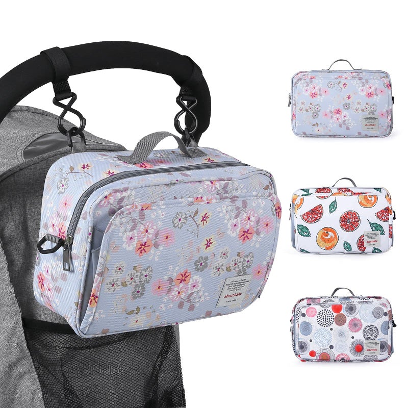 Baby Stroller Organizer Bag with Insulated Pocket Universal Fit Most Strollers Space for Diapers Wipes Toys Flowers