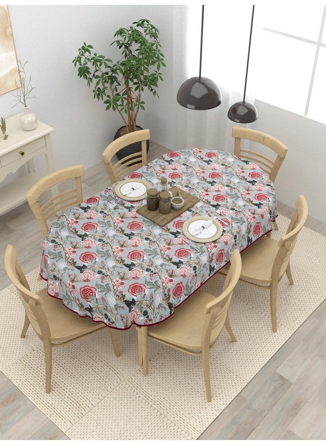 Clasiko 6 Seater Oval Dining Table Cover; 60x90 Inches; Material - Cotton; Pink Maroon Flowers - Image 1