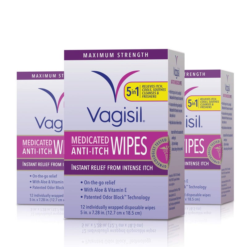 Vagisil مناديل فاجيسيل الطبية المضادة للحكة للنساء، قوة قصوى، مختبرة من قبل أطباء النساء، 12 مناديل (عبوة من 3) - Image 1
