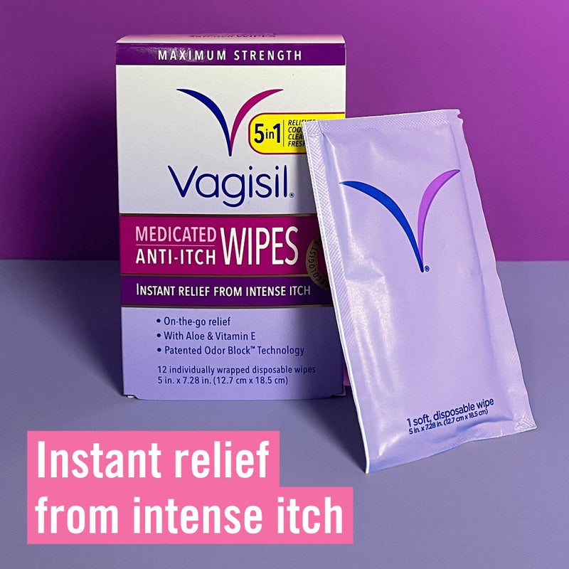 Vagisil مناديل فاجيسيل الطبية المضادة للحكة للنساء، قوة قصوى، مختبرة من قبل أطباء النساء، 12 مناديل (عبوة من 3) - Image 2