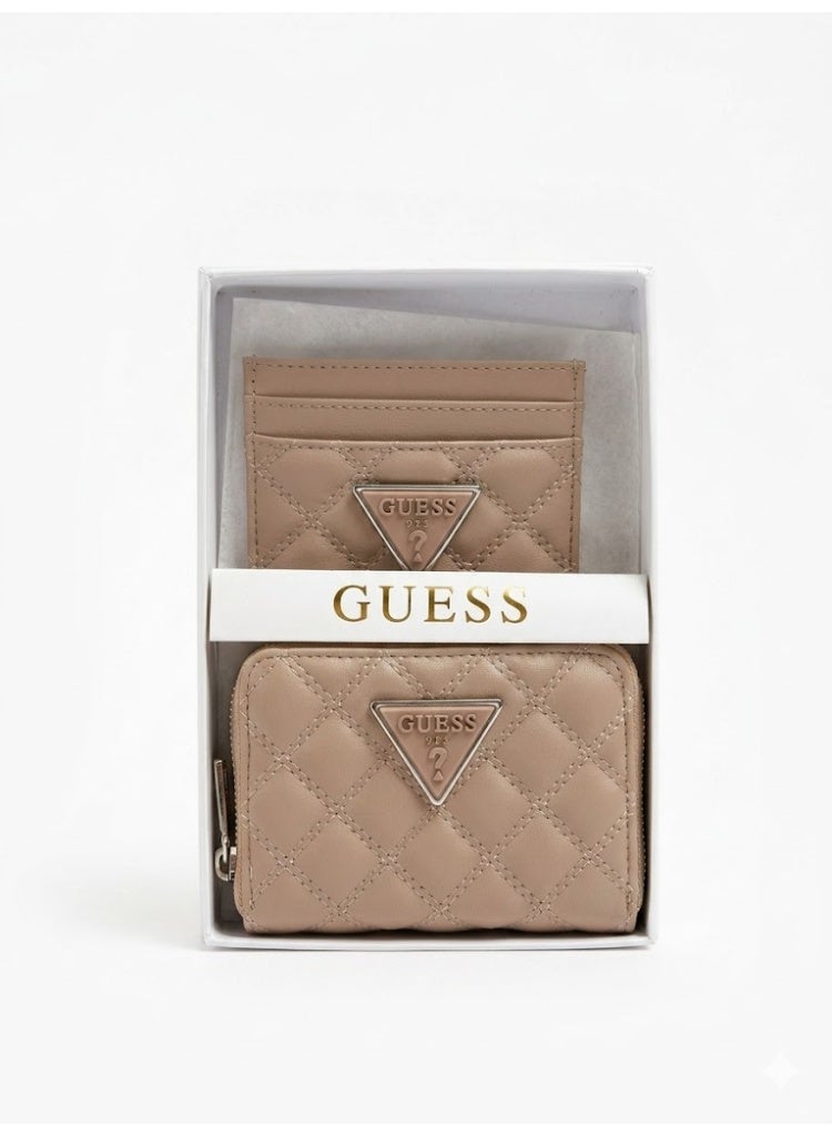 GUESS Women's 2-Piece Gift Set - Quilted Zip-Around Wallet and Card Holder - Taupe/Beige - Image 1