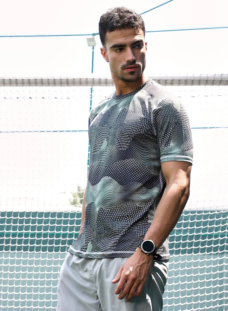 Campus Sutra  Men's Moon Grey Abstract-Motif Activewear T-Shirt For Casual Wear | Crew Neck | Short Sleeves | Jersey T-Shirt Crafted With Comfort Fit For Everyday Wear for Men | Best Price UAE