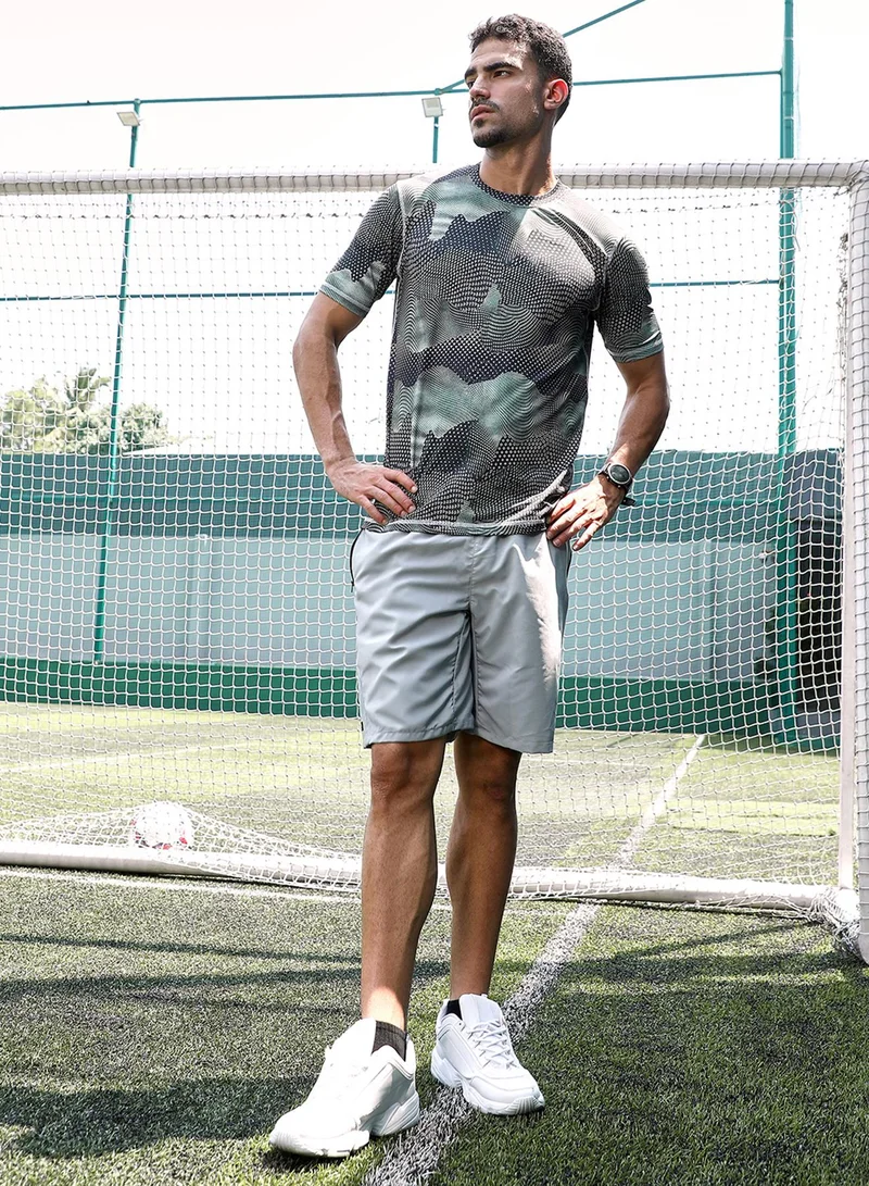 Campus Sutra  Men's Moon Grey Abstract-Motif Activewear T-Shirt For Casual Wear | Crew Neck | Short Sleeves | Jersey T-Shirt Crafted With Comfort Fit For Everyday Wear for Men | Best Price UAE