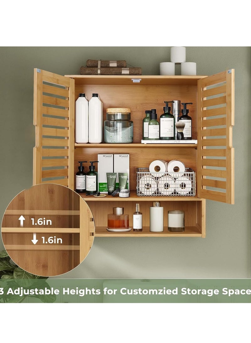 Generic - medla Bathroom Wall Cabinet Storage Bamboo Medicine Cabinets Wall Mounted Shelves Over Toilet Storage Organizer with 2 Doors Adjustable Shelf Magnetic Lock - Image 1