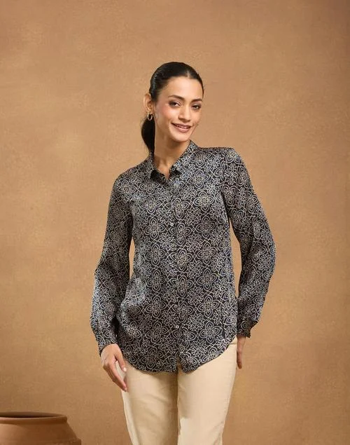 Fabindia Black Rayon Blend Ajrakh Shirt