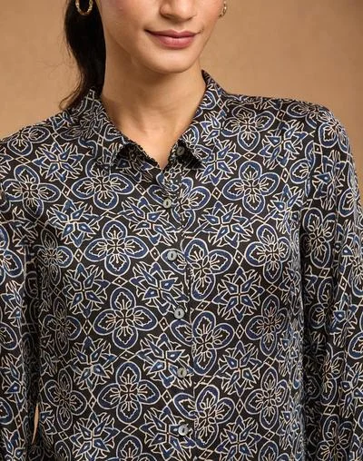 Fabindia Black Rayon Blend Ajrakh Shirt