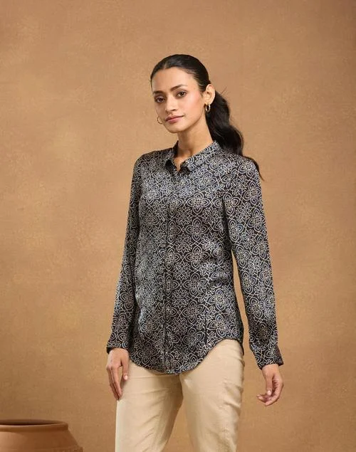 Fabindia Black Rayon Blend Ajrakh Shirt