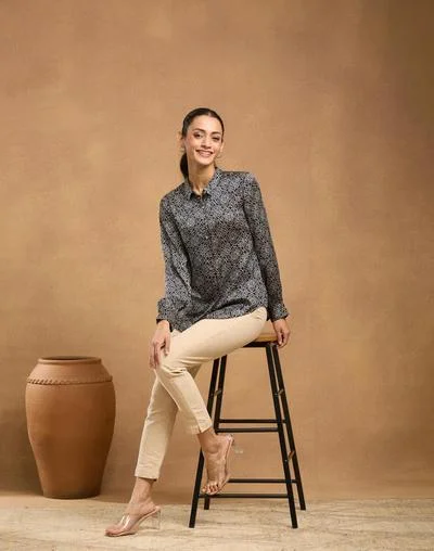 Fabindia Black Rayon Blend Ajrakh Shirt