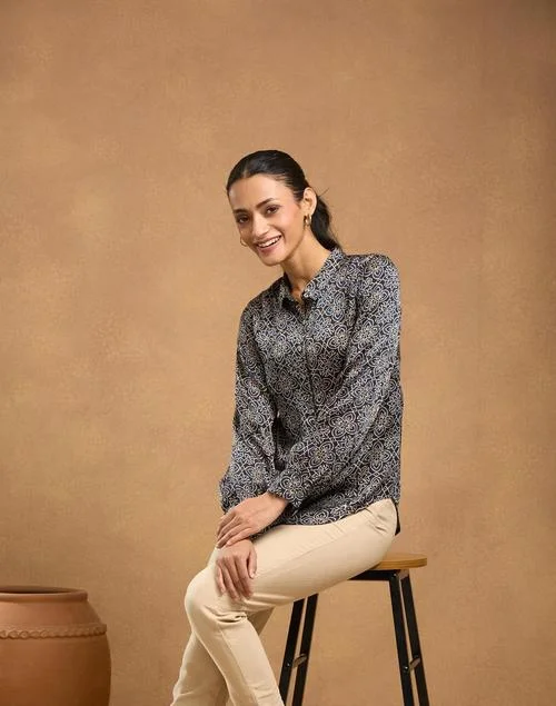 Fabindia Black Rayon Blend Ajrakh Shirt