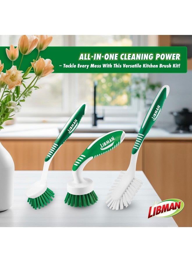 Libman Green & White Cleaning Brush Kit, 3-Piece Set, All-Purpose Brushes for Kitchen, Basins, Sinks, Dishwashers - Image 2