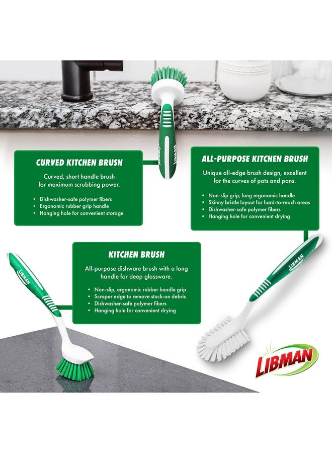 Libman Green & White Cleaning Brush Kit, 3-Piece Set, All-Purpose Brushes for Kitchen, Basins, Sinks, Dishwashers - Image 5