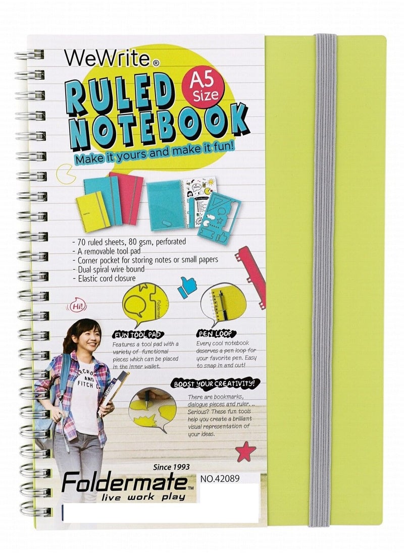 Foldermate - WeWrite A5 Green Spiral Ruled Notebook with Tool Pad & Pen Loop - Image 1